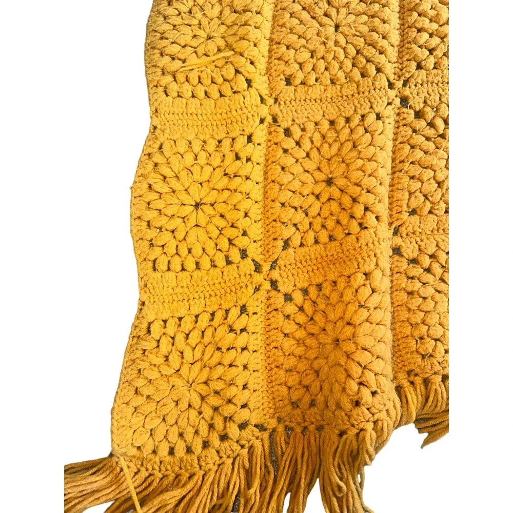 Handmade Yellow Crochet Afghan Blanket Vintage 70s Boho Cottagecore Throw Large